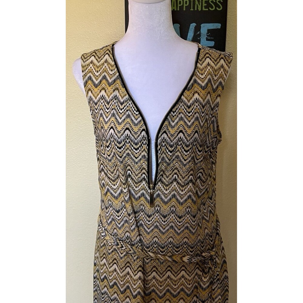 Tacera 1/4 Stop Zip Yellow White Chevron Sleeveless Tie Belt Shift Dress PL - Picture 2 of 8